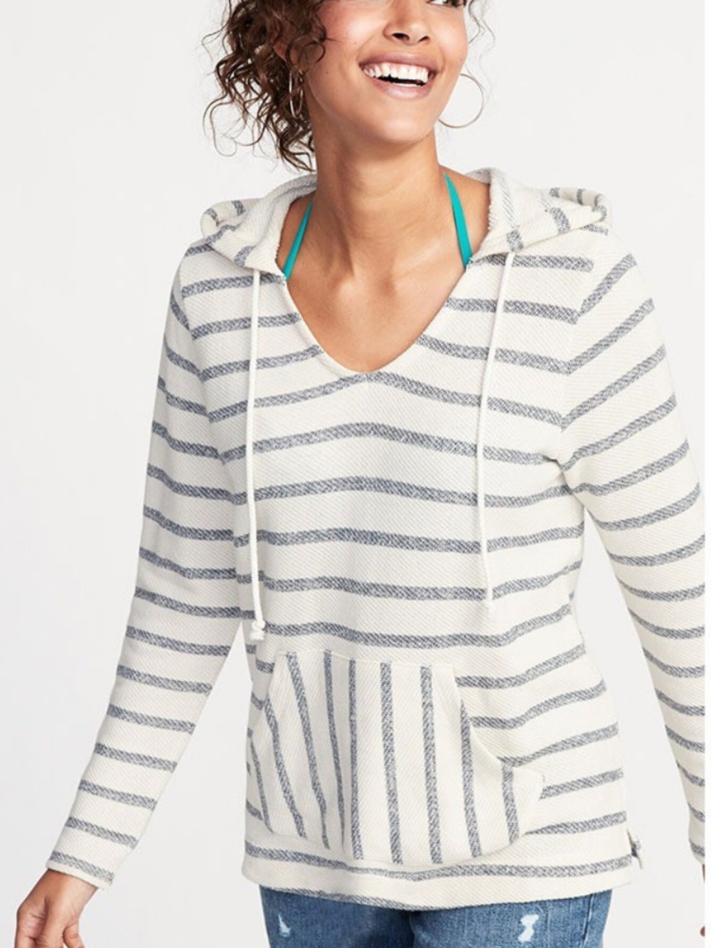 ON Baja Beach Hoodie French Terry Tunic Sweatshirt Medium Nautical Old Navy EUC